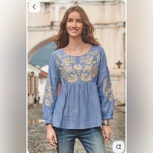 Sundance Embroidered Peplum Top Blue Tan L/S